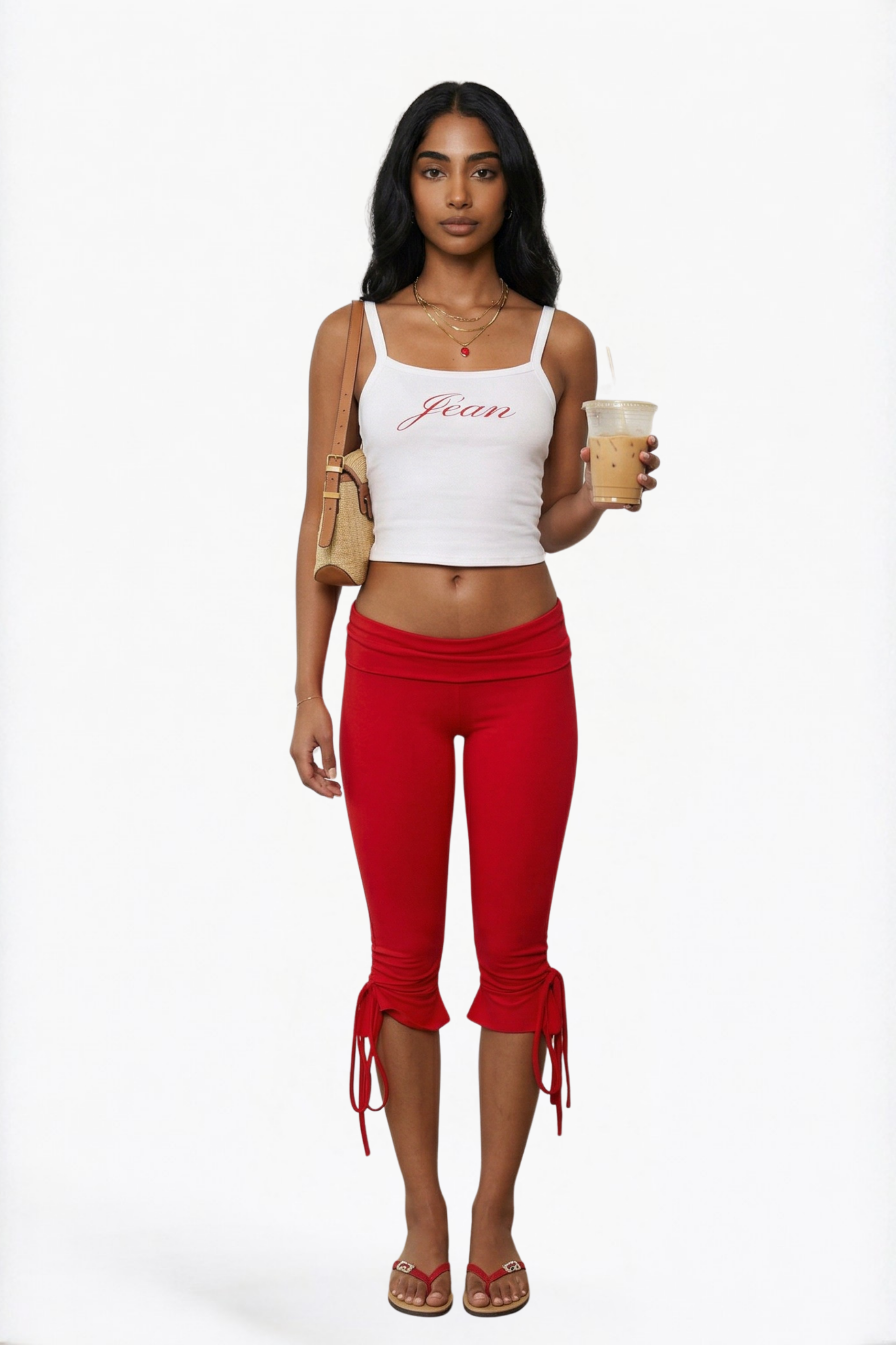 Red Ruffle-Hem Cropped Capri Leggings