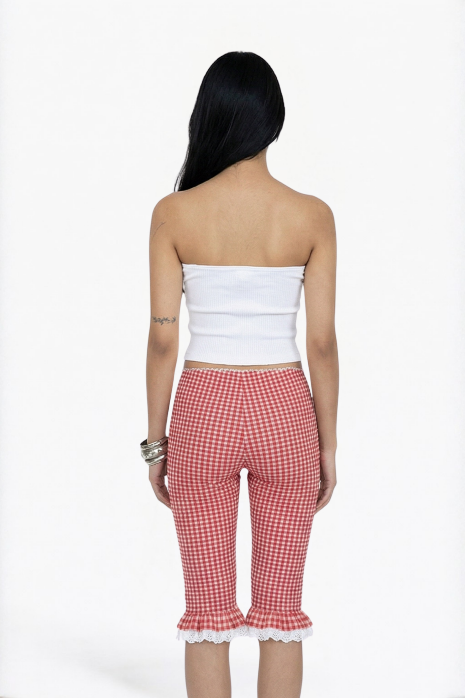 Red Gingham Ruffle-Hem Cropped Capri Leggings