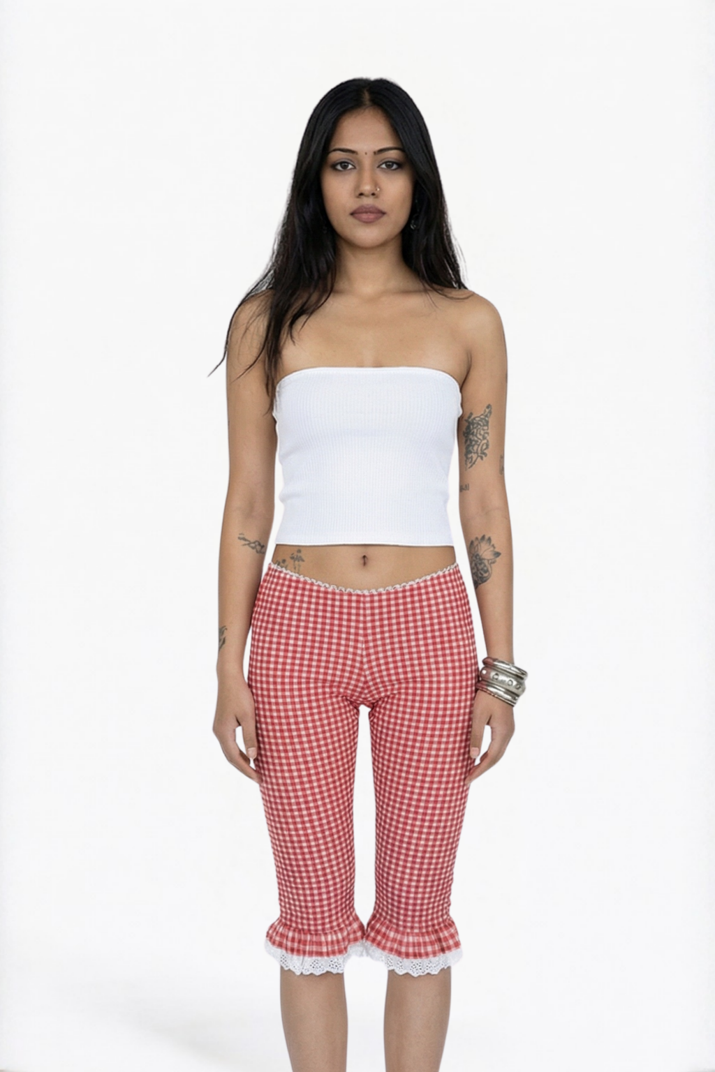 Red Gingham Ruffle-Hem Cropped Capri Leggings