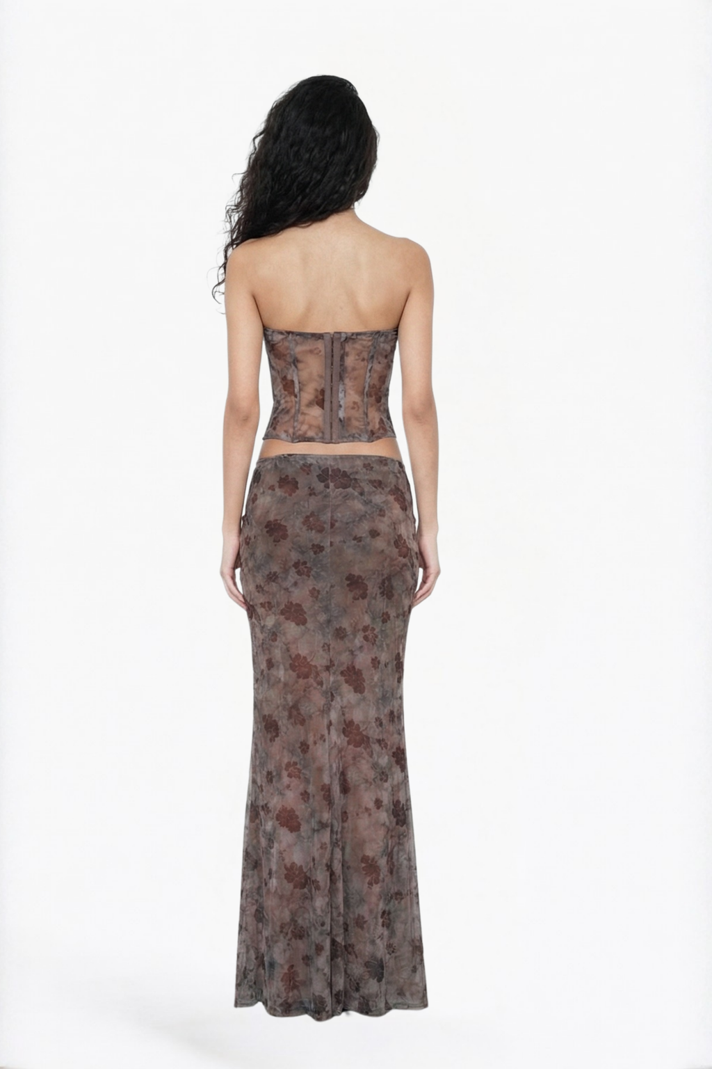 Brown Printed Mesh Maxi Skirt
