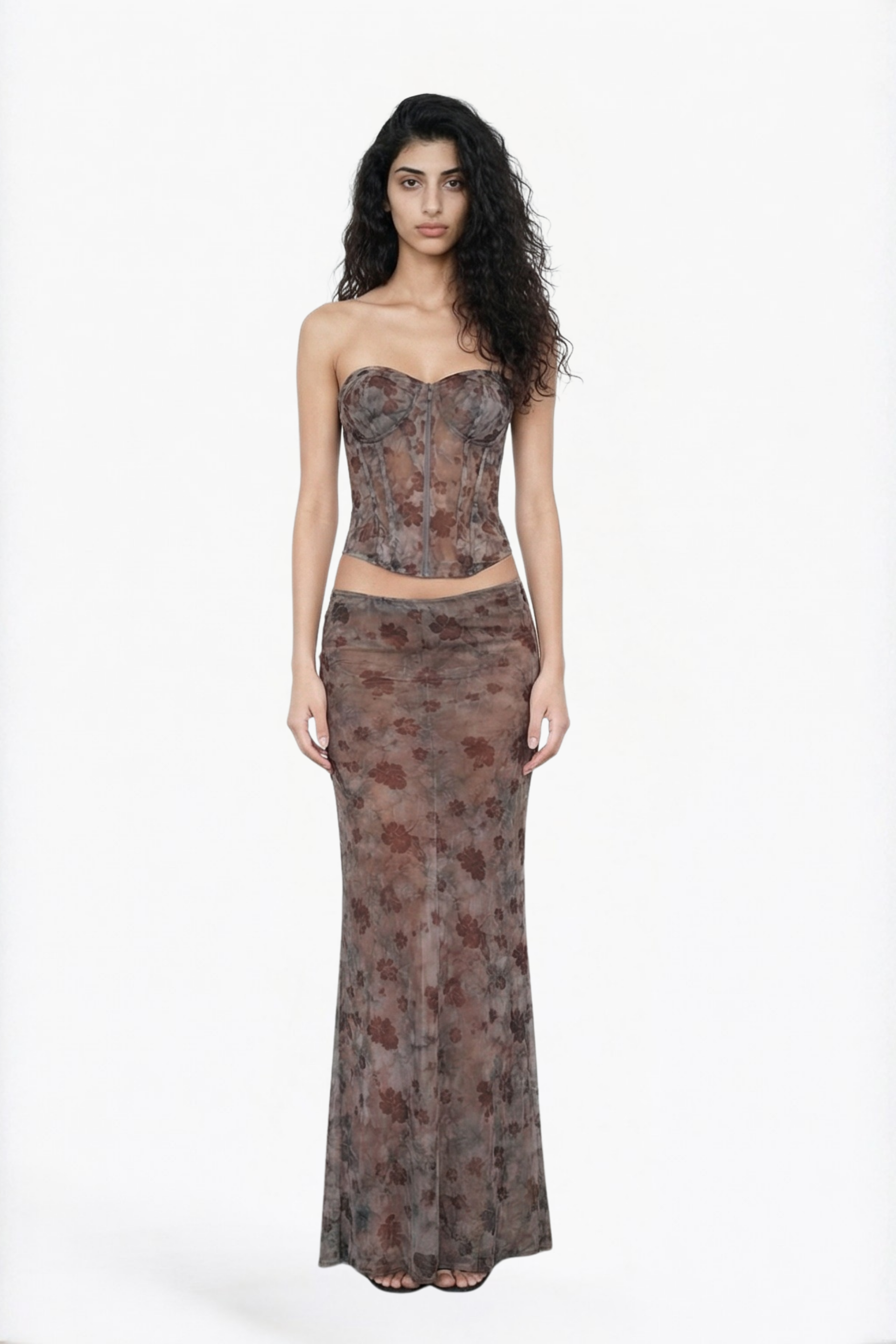 Brown Printed Mesh Maxi Skirt