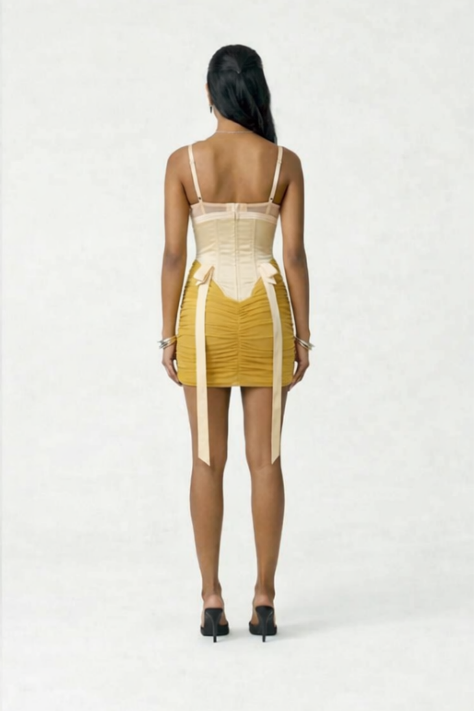Beige Yellow Contrast Corset Ruched Mini Dress