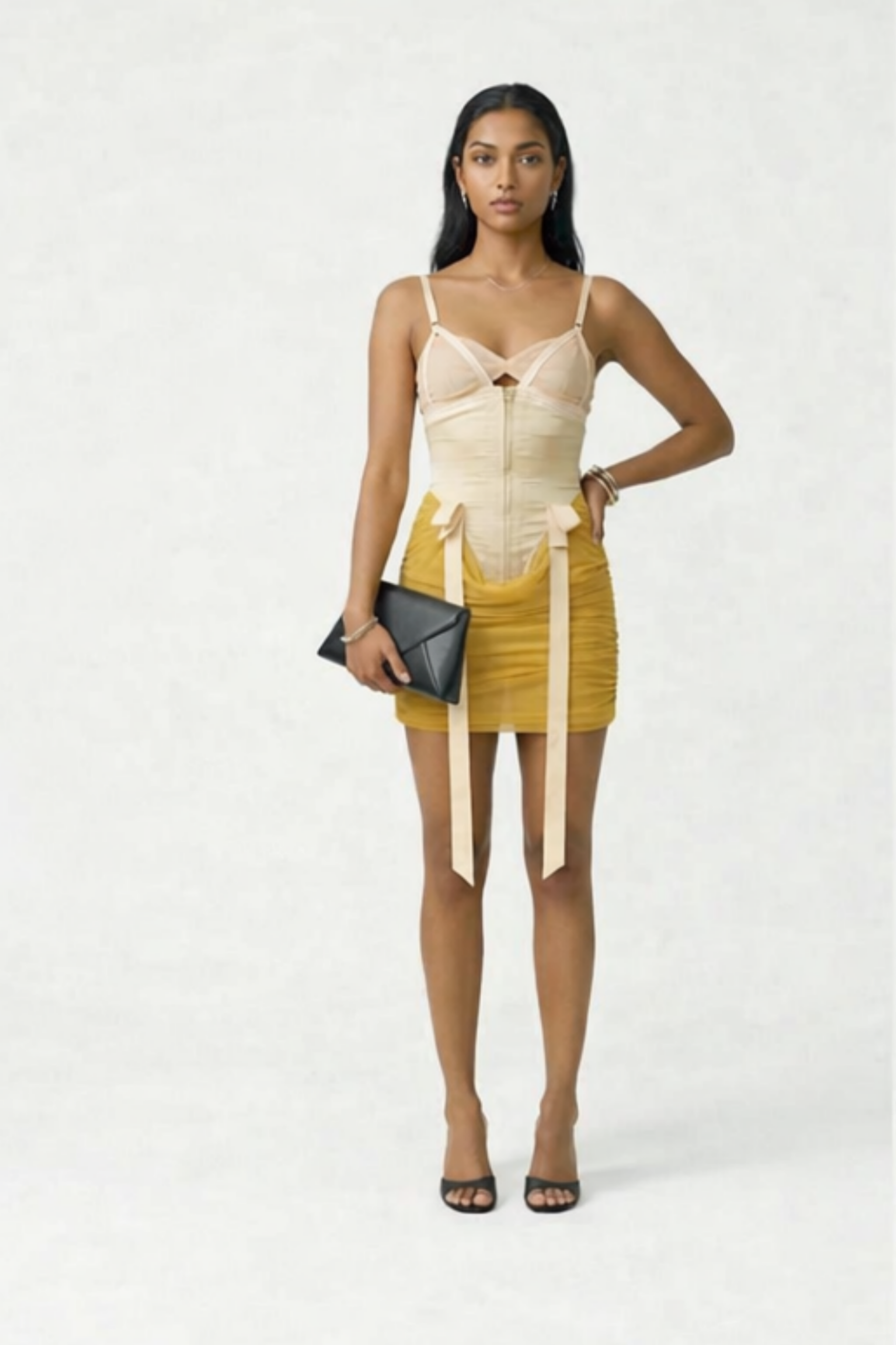 Beige Yellow Contrast Corset Ruched Mini Dress