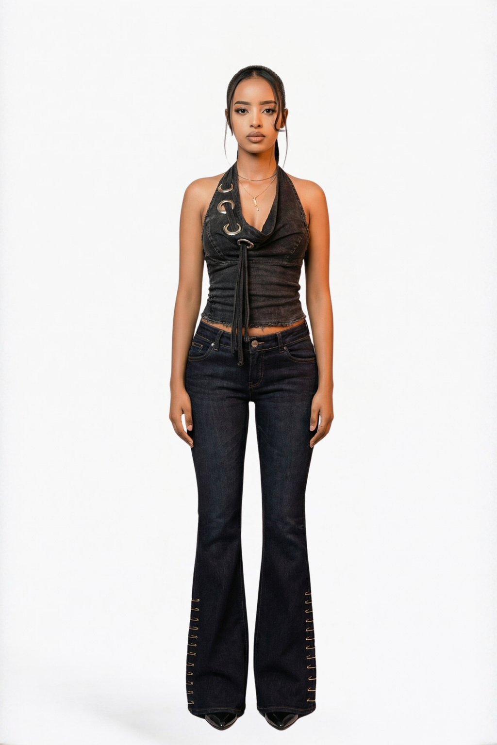 Black Lace-Up Flare Jeans