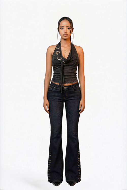 Black Lace-Up Flare Jeans