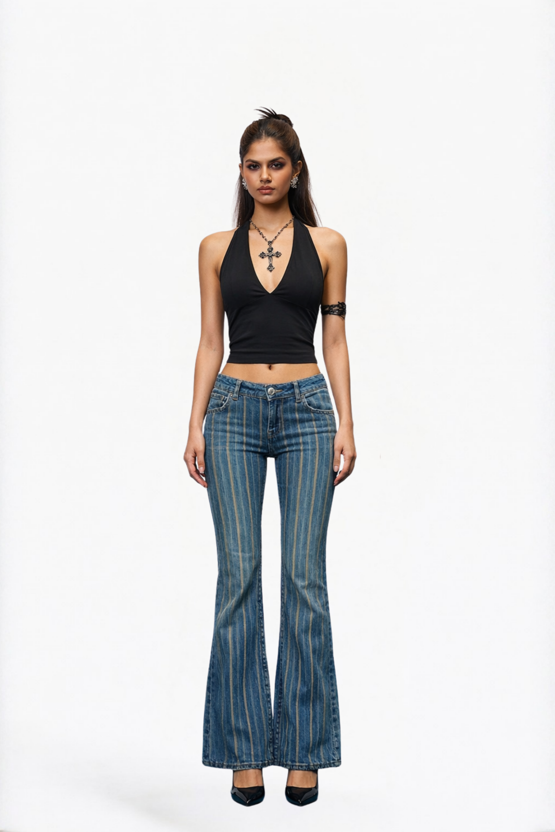 Light Washed Striped Flare Jeans