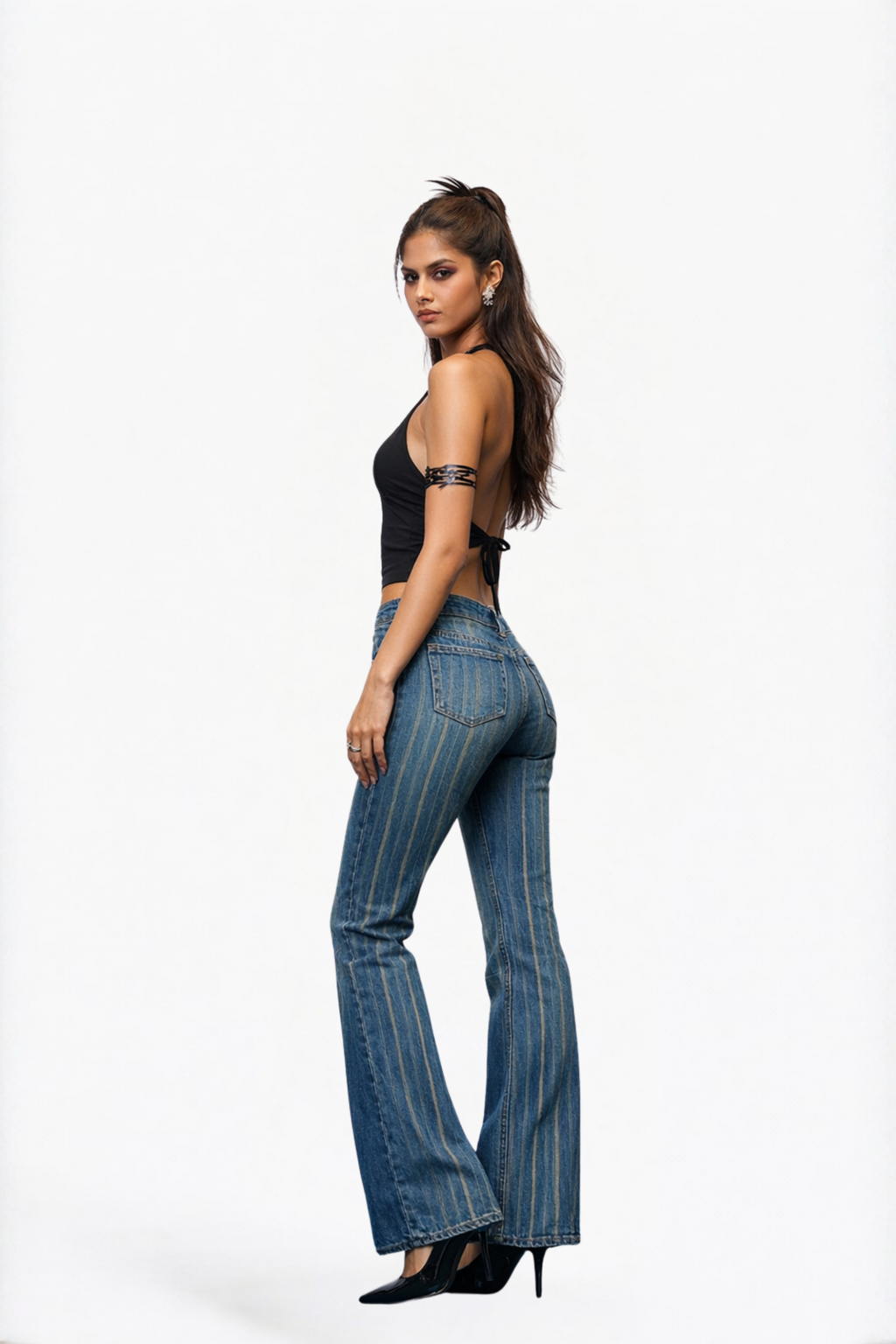 Light Washed Striped Flare Jeans