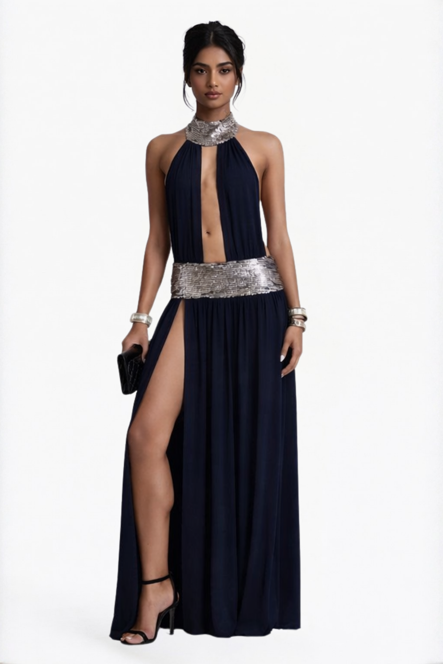 Navy Halter Cut-Out Maxi Dress
