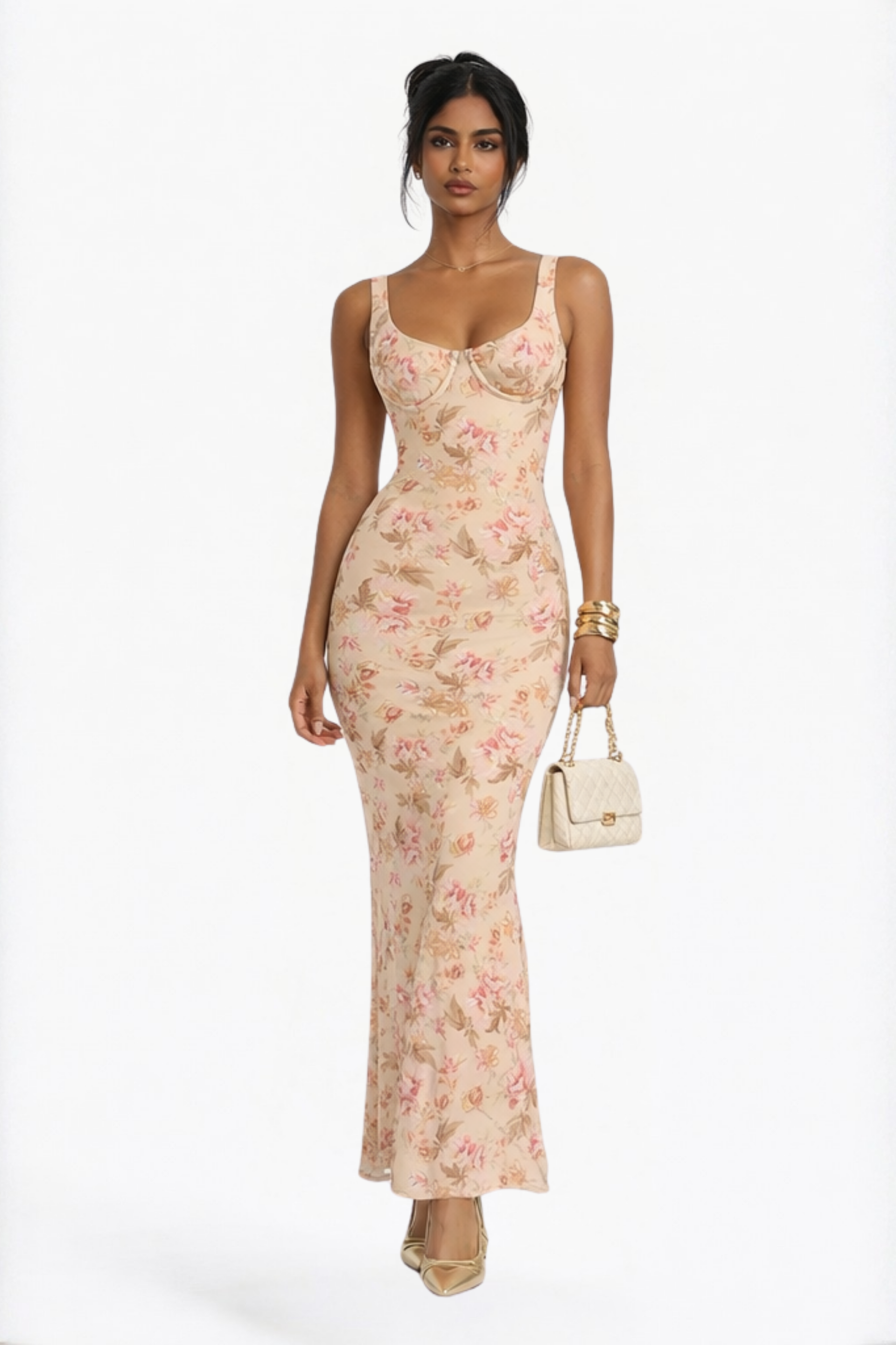 Blush Floral Corset Bodice Maxi Dress