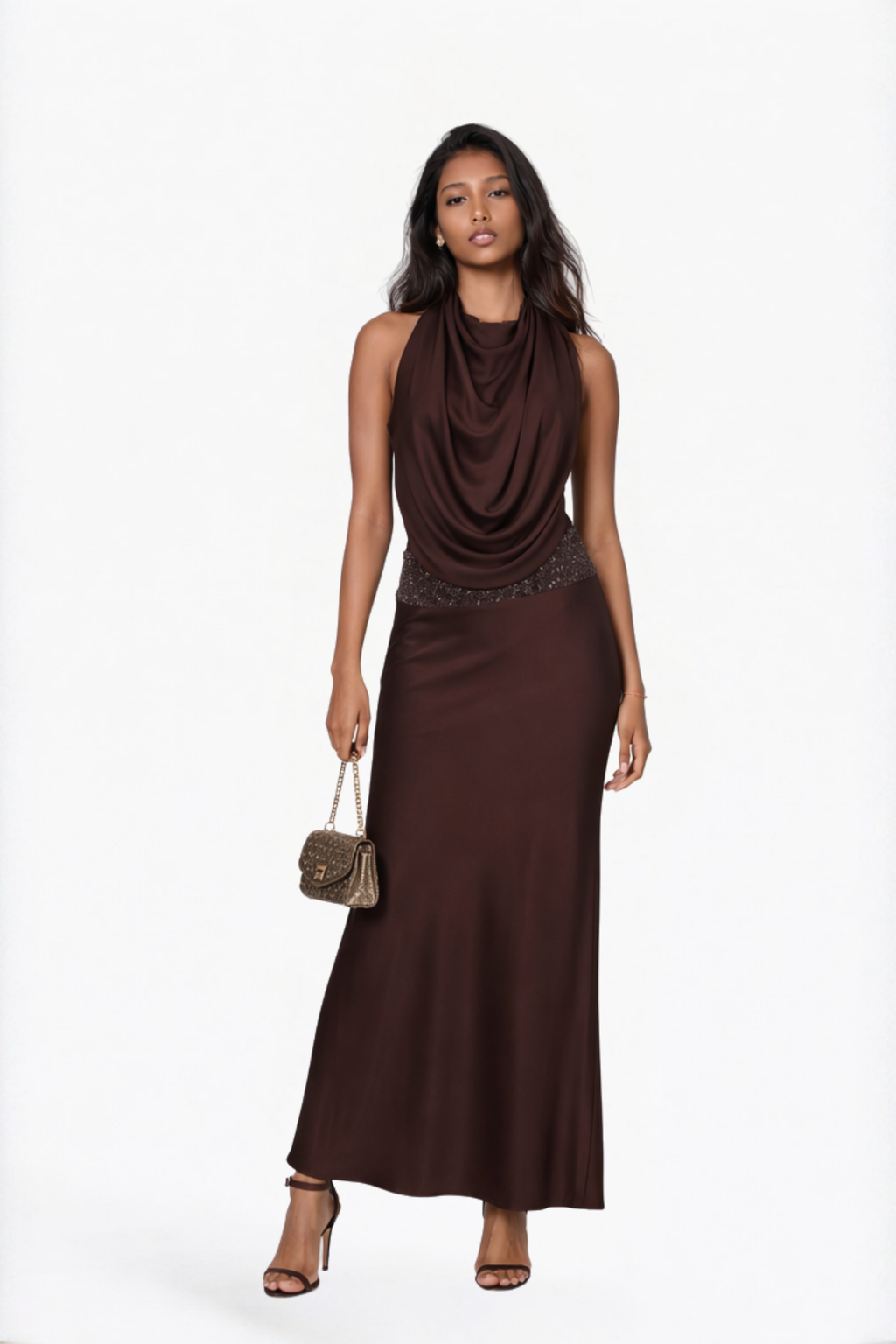 Chocolate Solid Cowl Neck Maxi Dress
