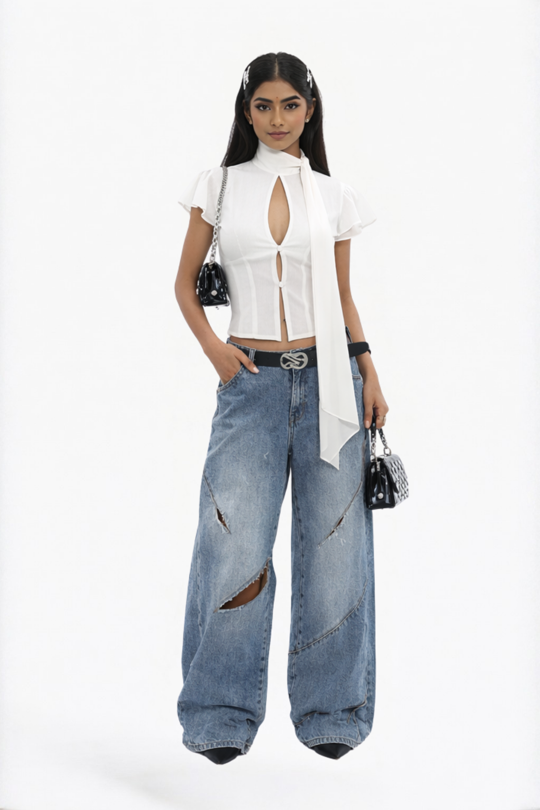 White Solid Keyhole Tie-Neck Blouse