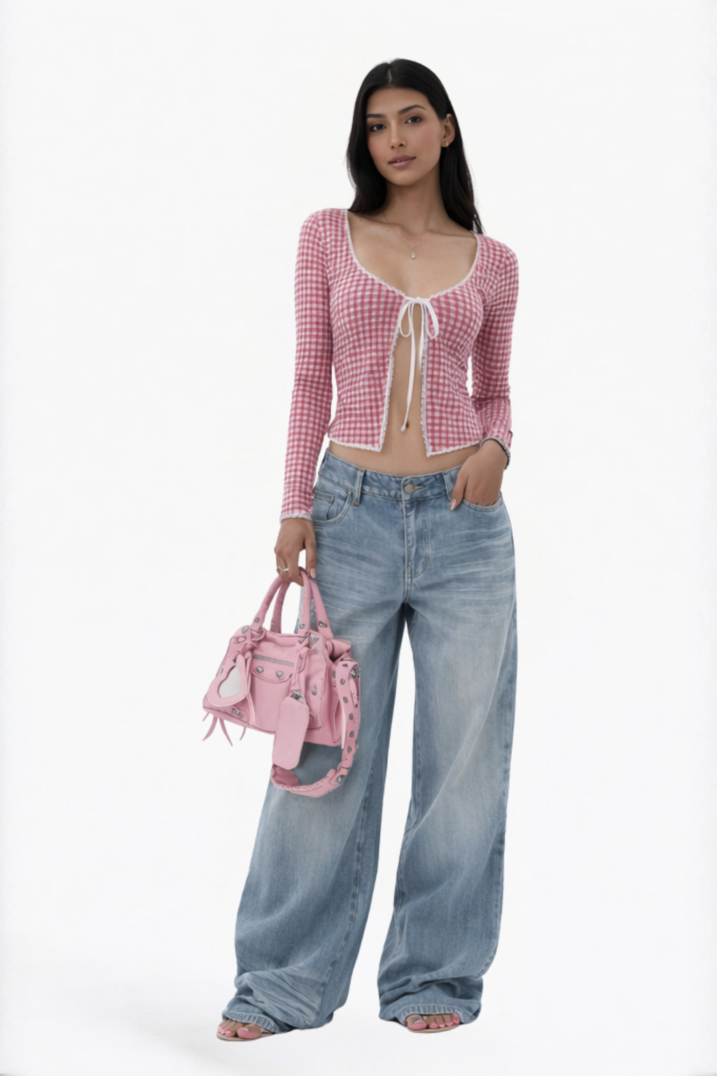Pink Gingham Tie-Front Cropped Cardigan Blouse