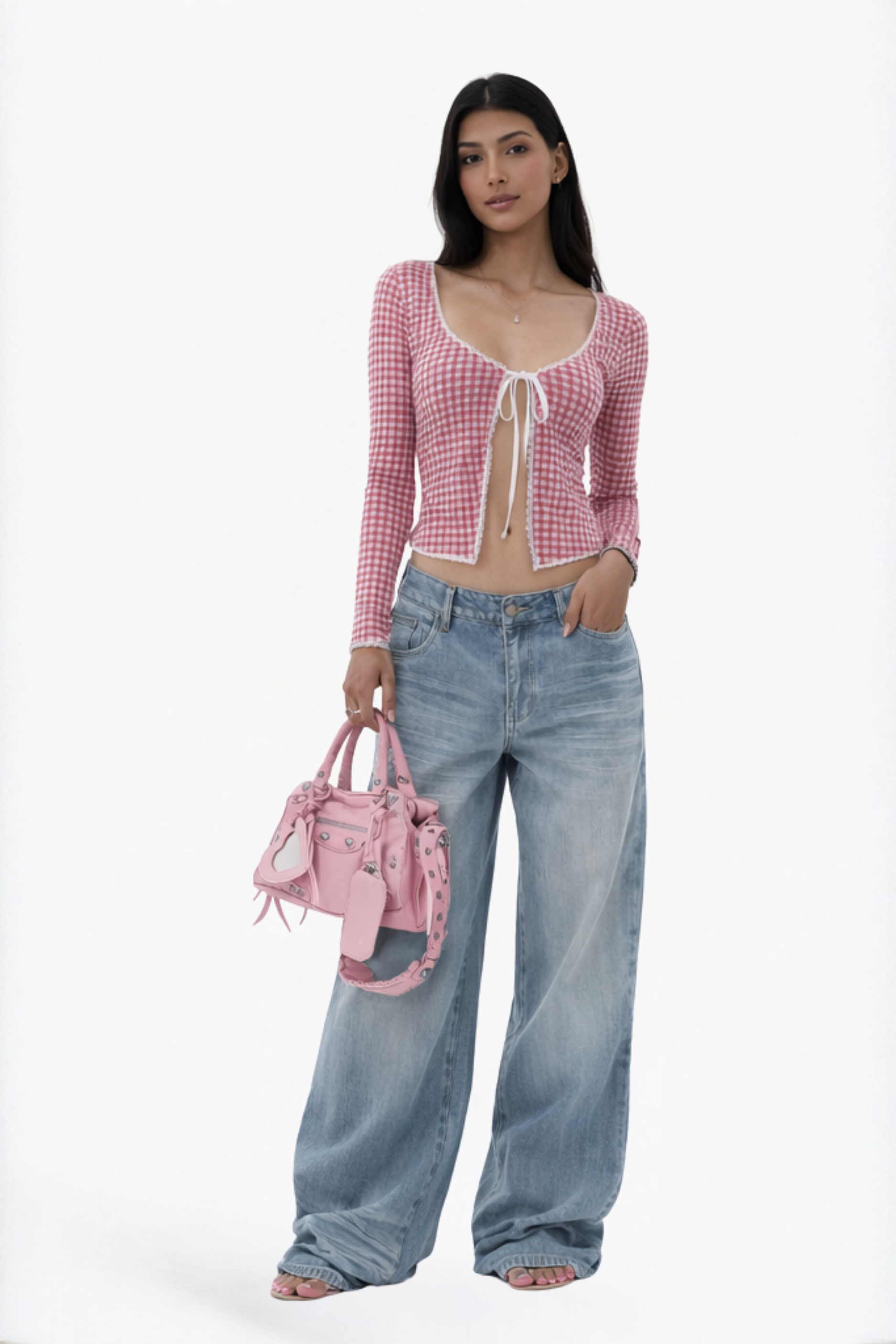 Pink Gingham Tie-Front Cropped Cardigan Blouse
