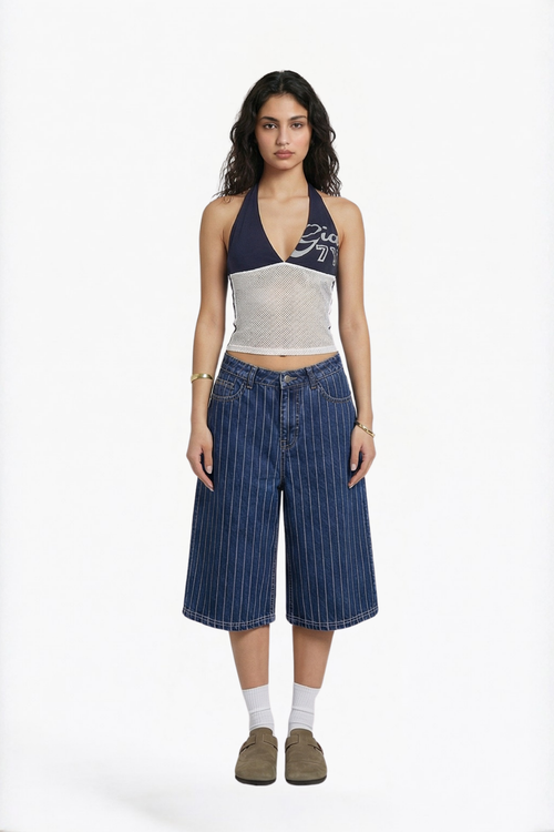 Blue Denim Striped Bermuda Shorts