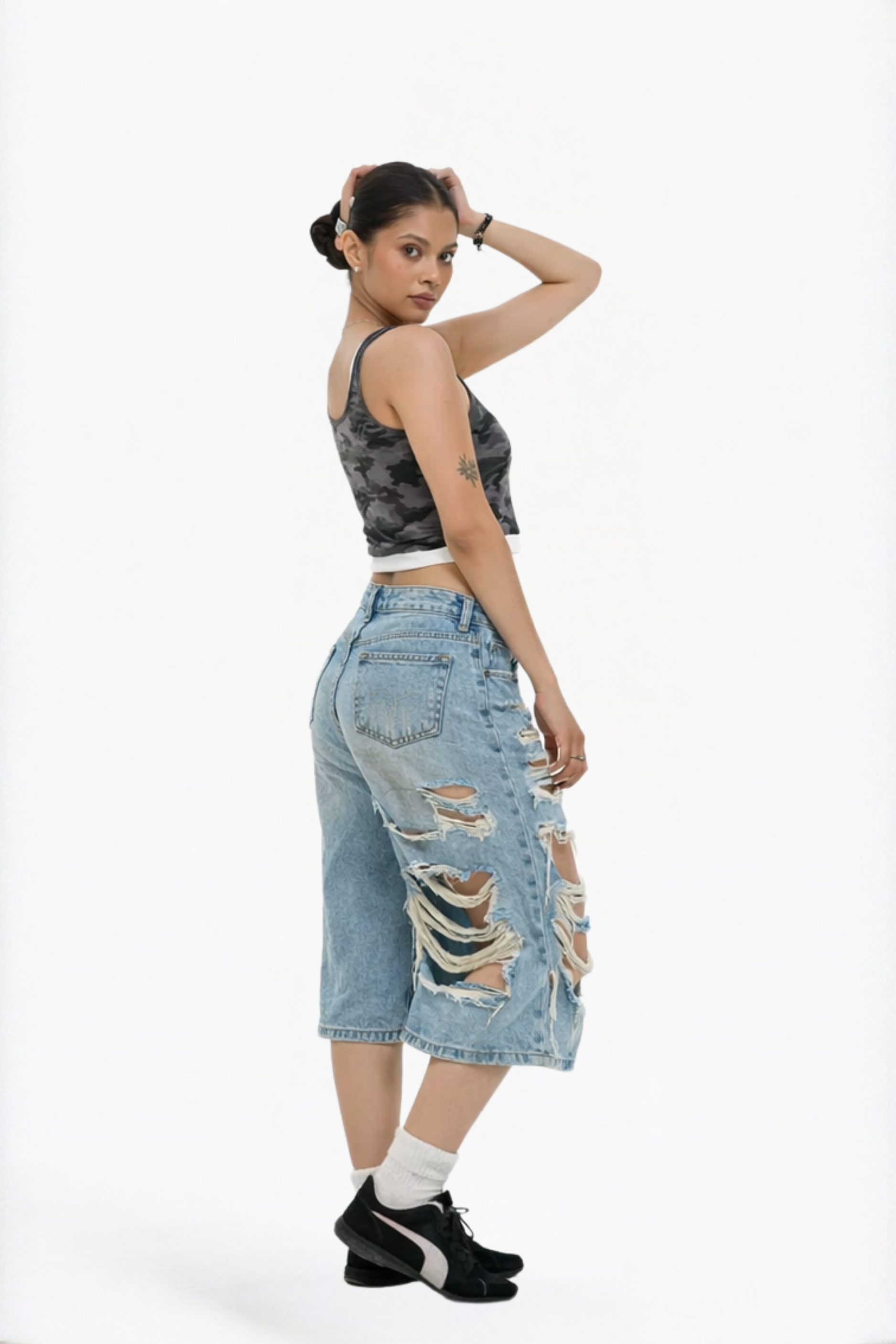 Light Wash Distressed Denim Bermuda Shorts