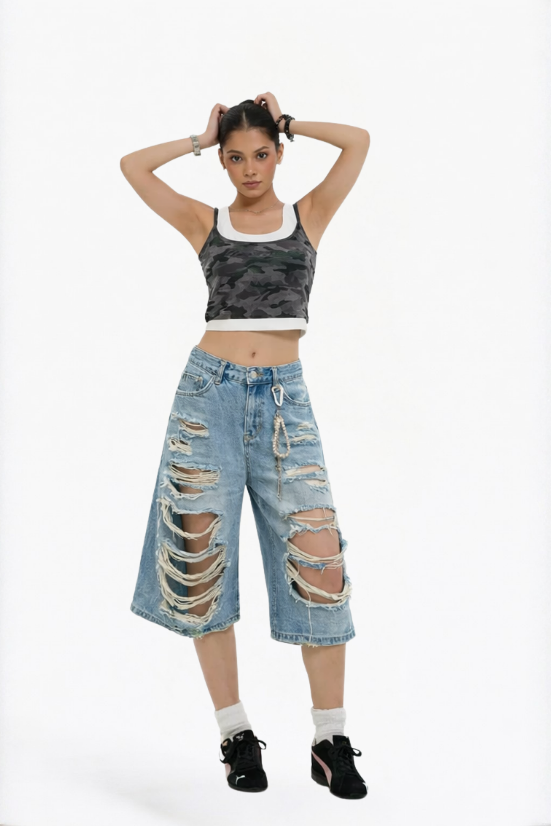Light Wash Distressed Denim Bermuda Shorts