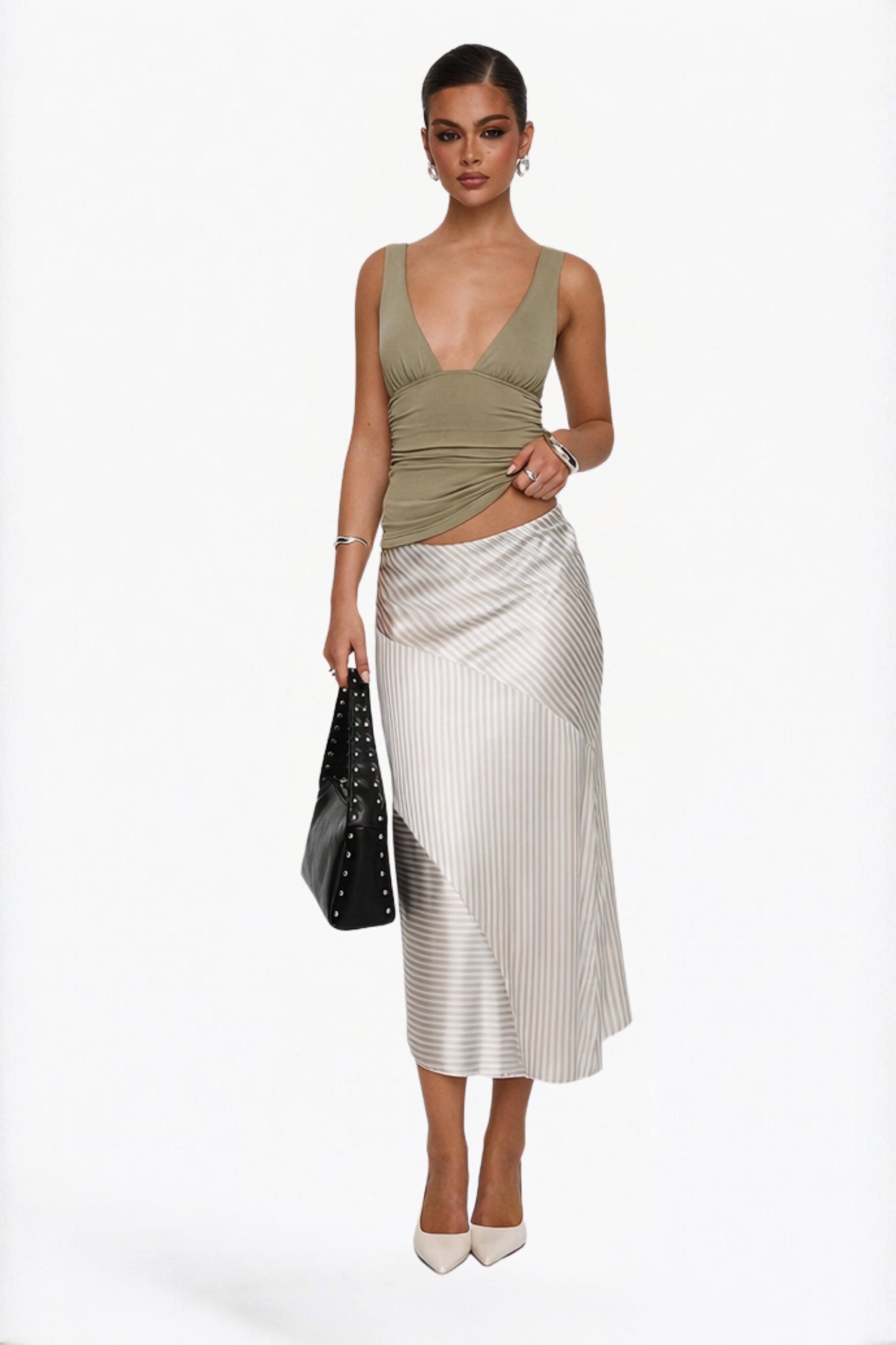 Asymmetric Striped Satin Skirt