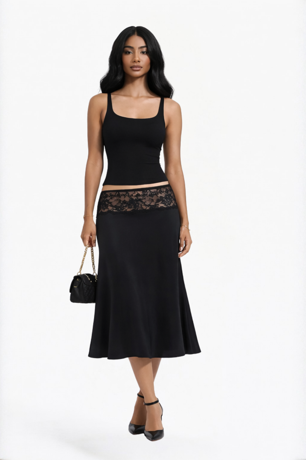 Black Solid Lace Waist Skirt