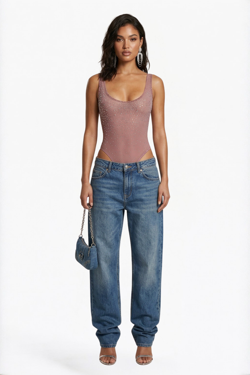 Dusty Rose Crystal-Embellished Sheer Mesh Bodysuit