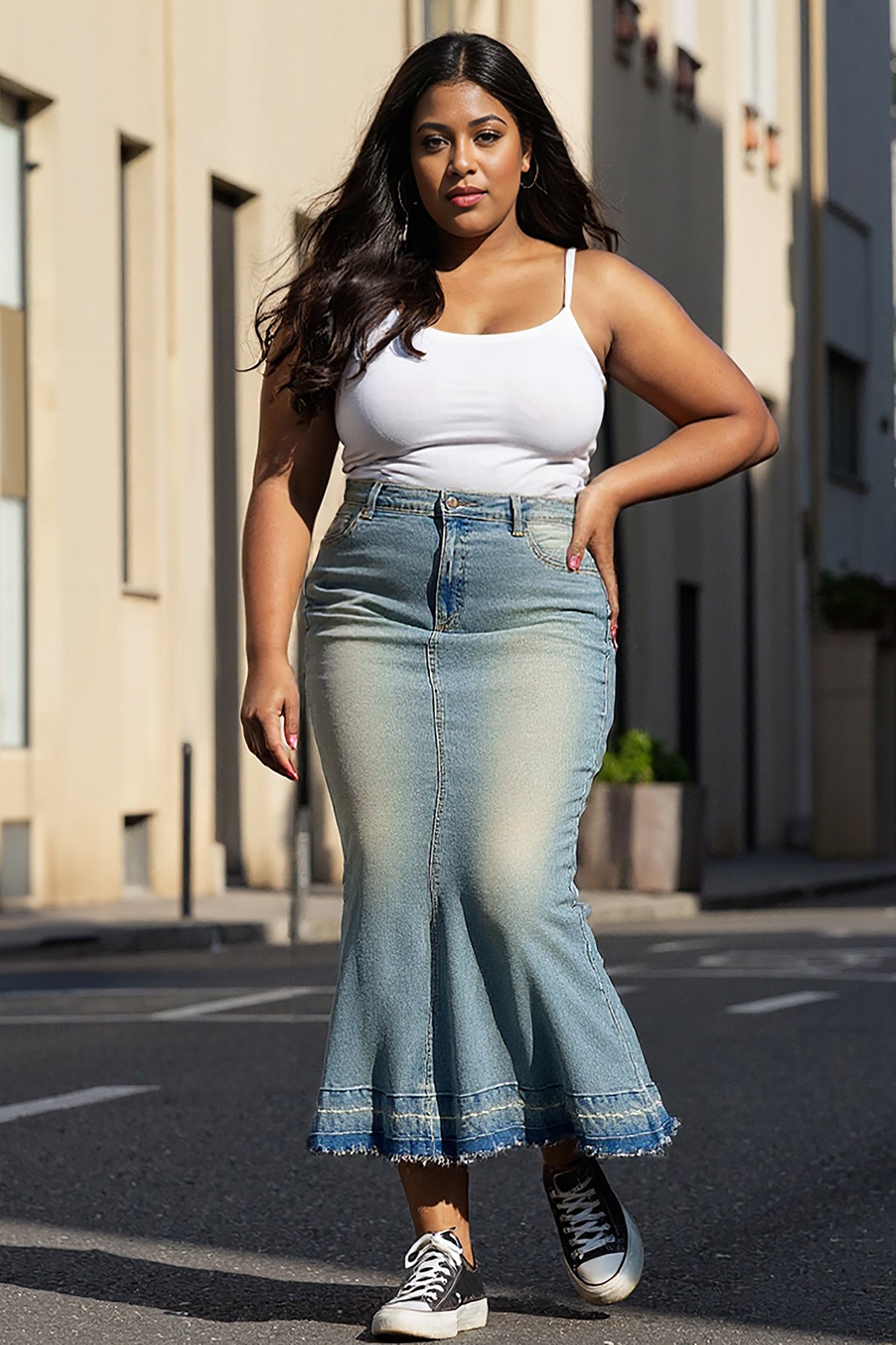 Antique Fade Curve Denim Mermaid Skirt