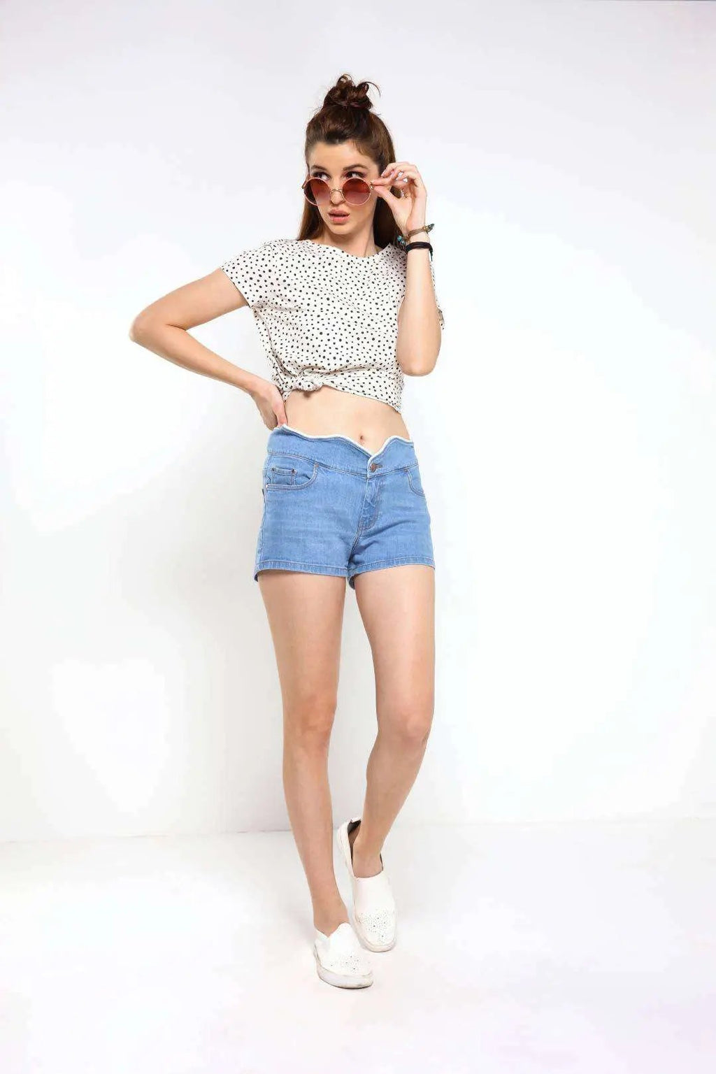 Mid Blue Curved Waist Denim Shorts