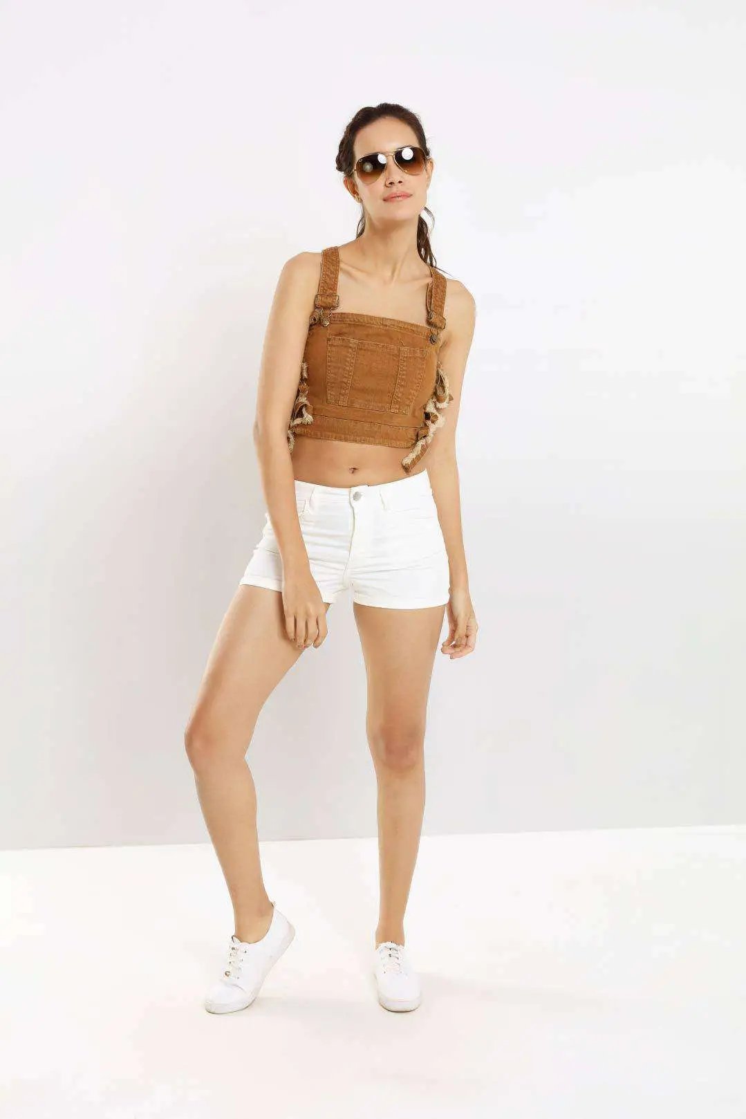 Tan Colored Side Tie-Knot Denim Crop Top Dungaree