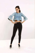 Green-Blue Denim Gathered Crop Top