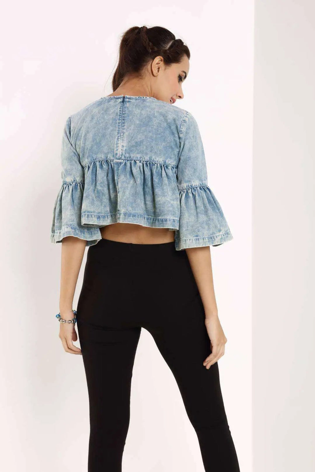 Green-Blue Denim Gathered Crop Top