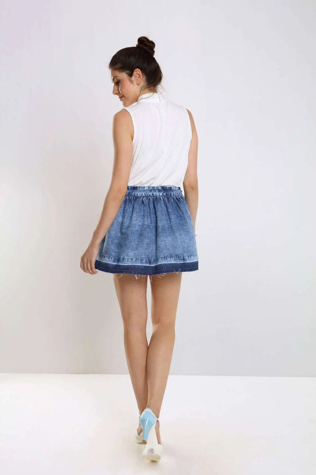 Light Blue Open Hem Denim Gathered Skirt