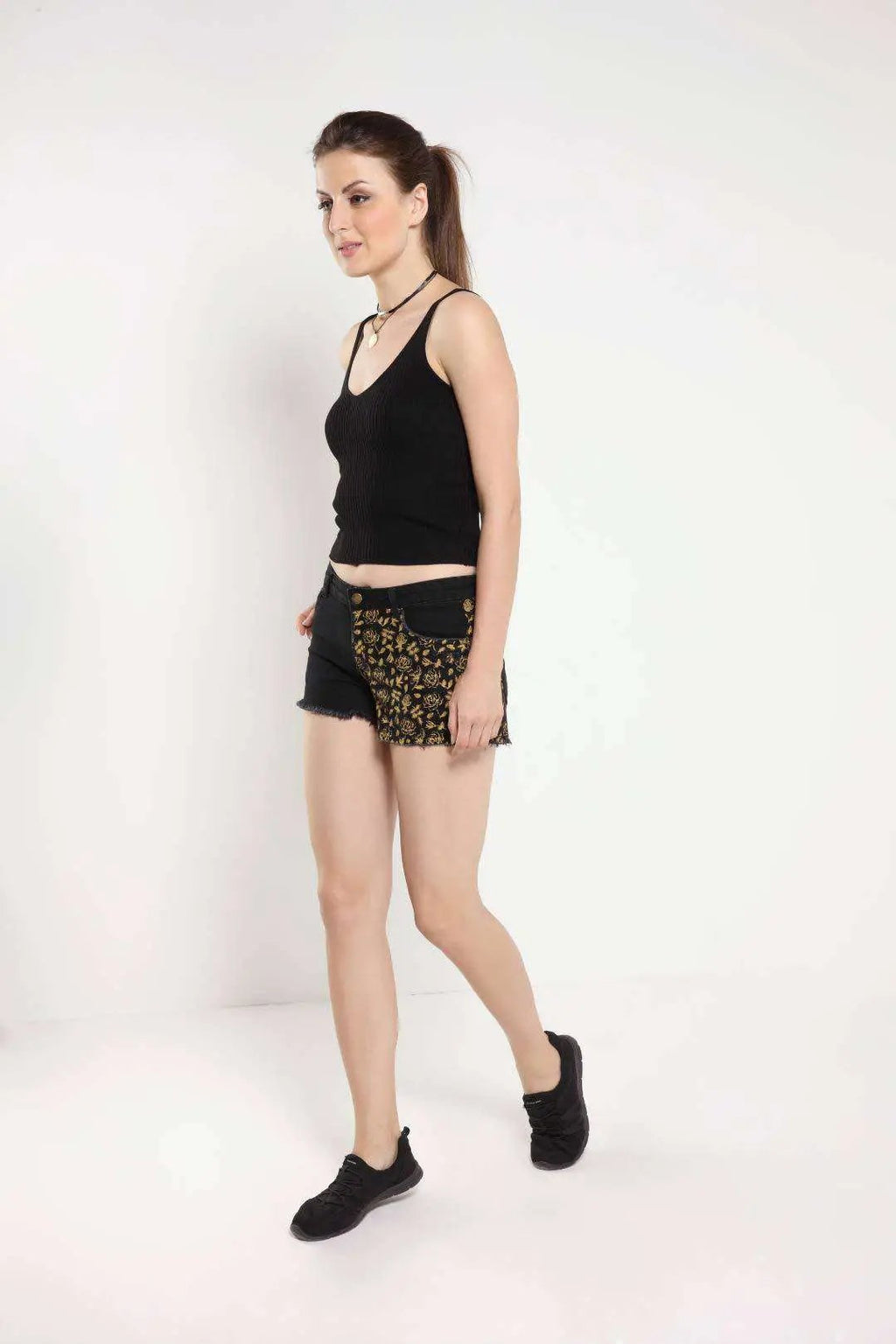Black Mid Rise Floral Printed Denim Shorts