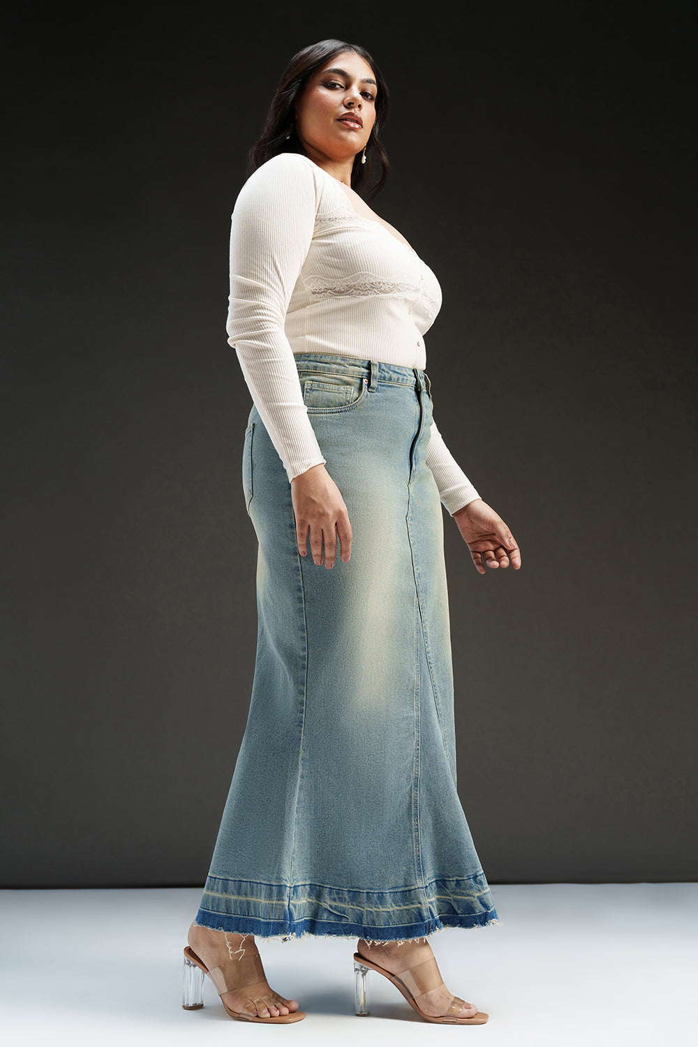 Antique Fade Curve Denim Mermaid Skirt