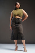 Uptown Black Curve Denim Midi Skirt