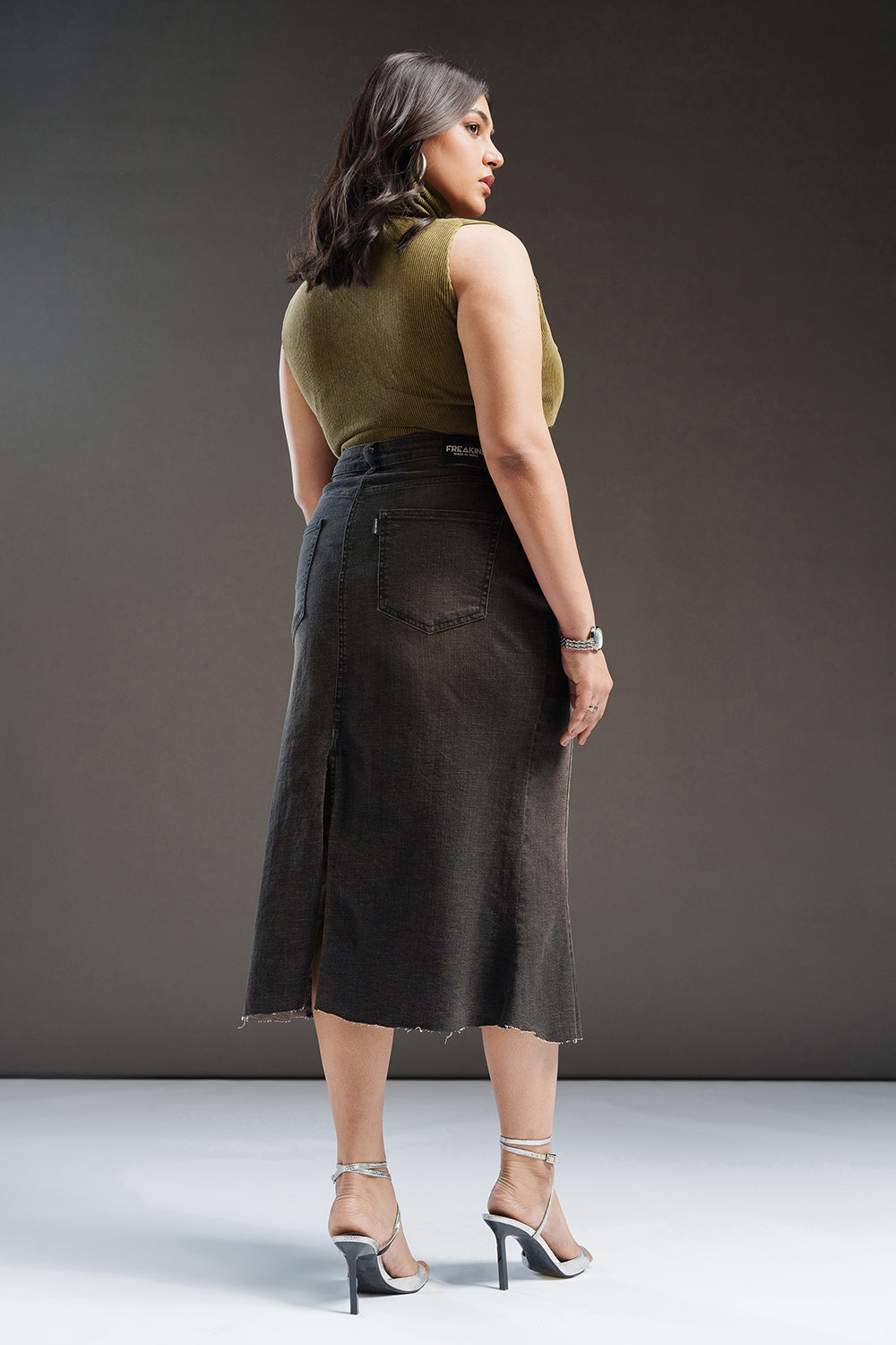 Uptown Black Curve Denim Midi Skirt
