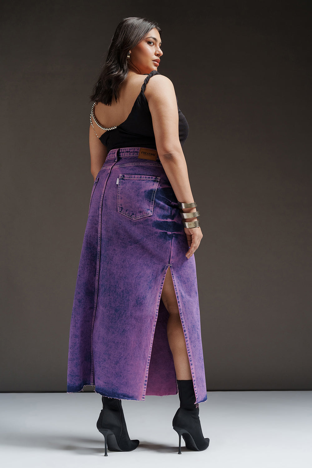 Purple Glam Curve Denim Side Slit Maxi Skirt