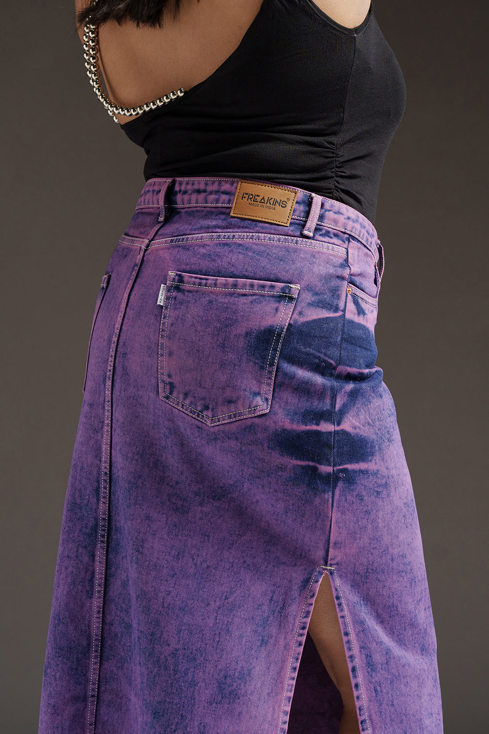 Purple Glam Curve Denim Side Slit Maxi Skirt