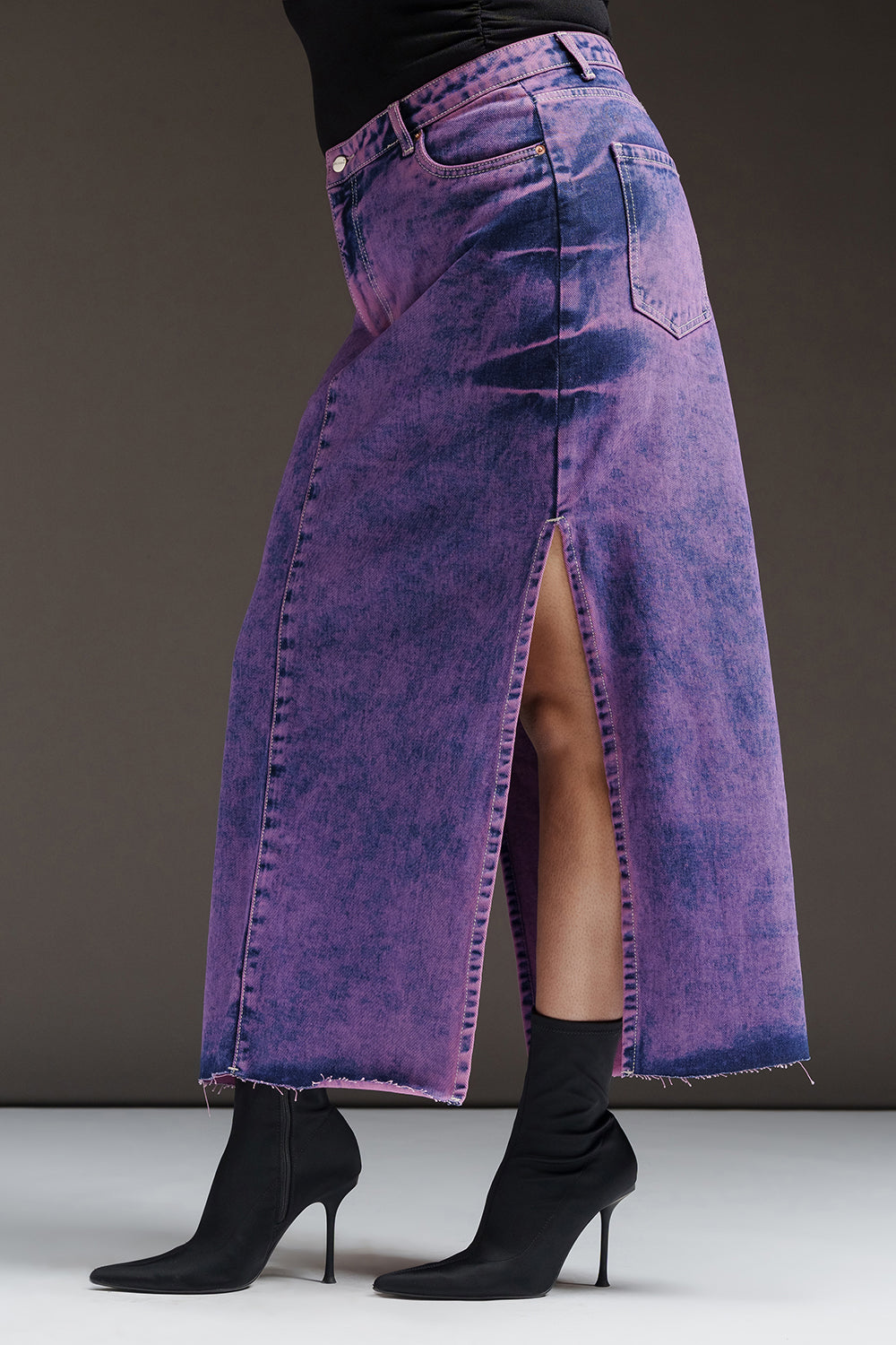 Purple Glam Curve Denim Side Slit Maxi Skirt