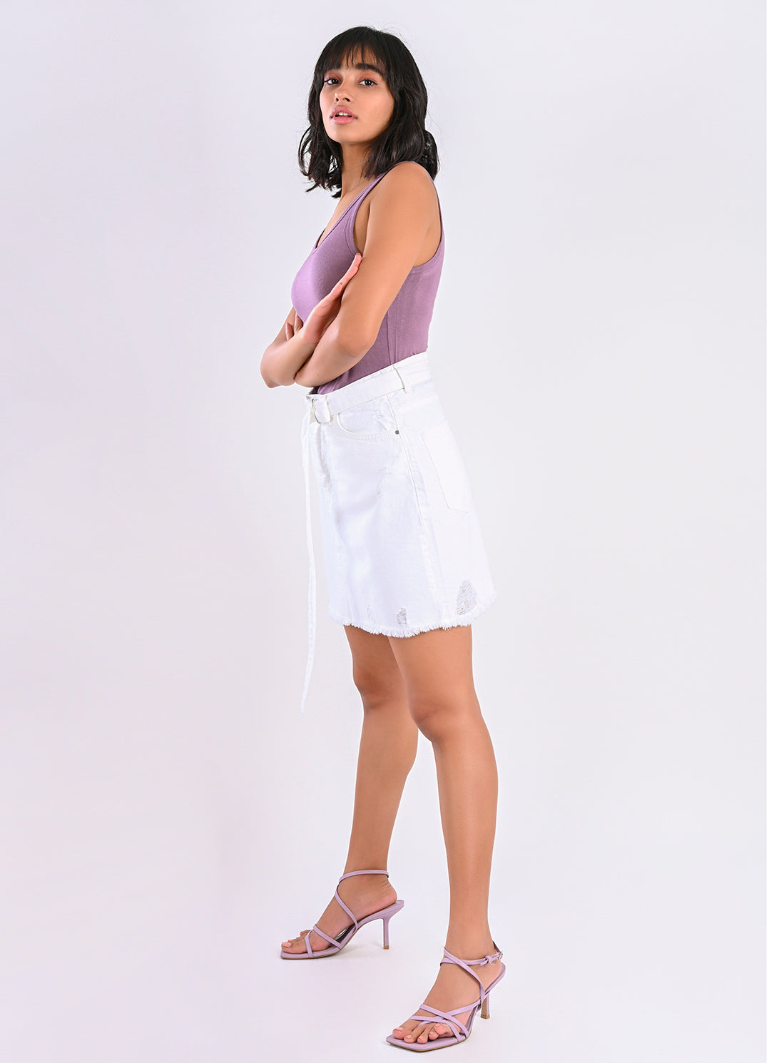 Belted Denim Skirt White