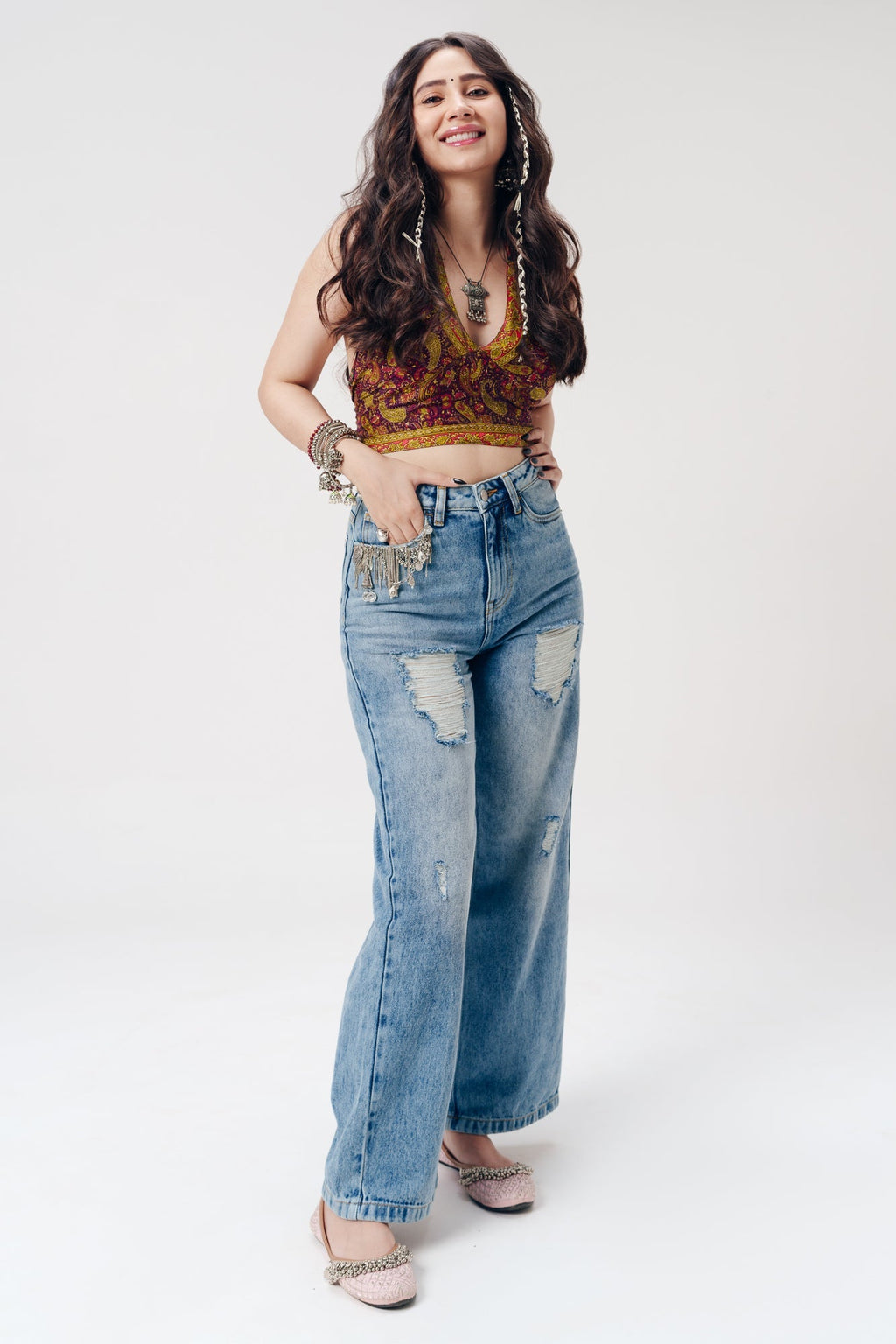 Blue Pataka Distressed Wide Jeans