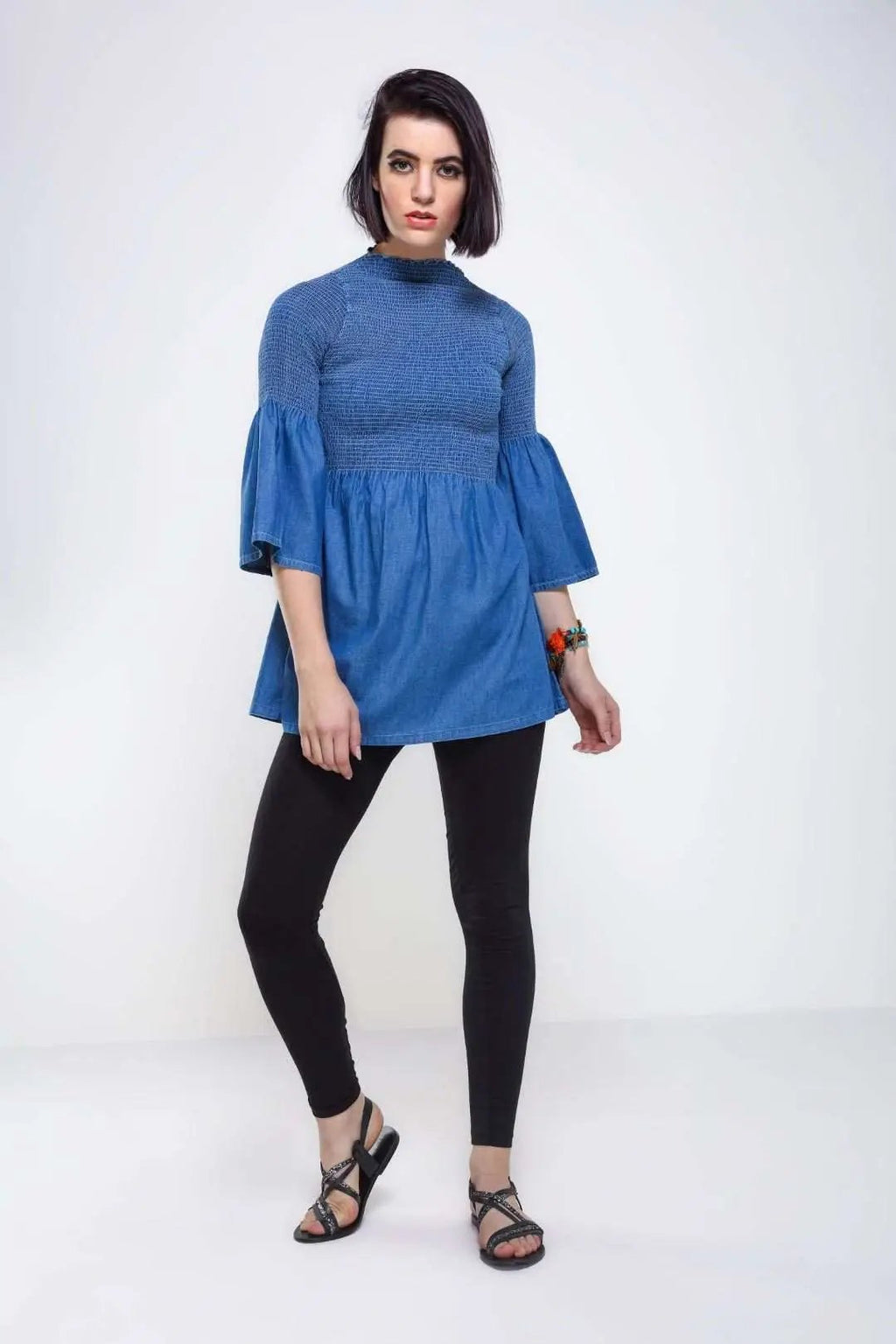 Mid Blue Denim Flared Top