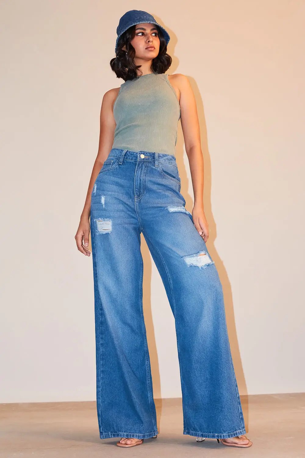 Blue High Waisted Women's Super Wide Jeans