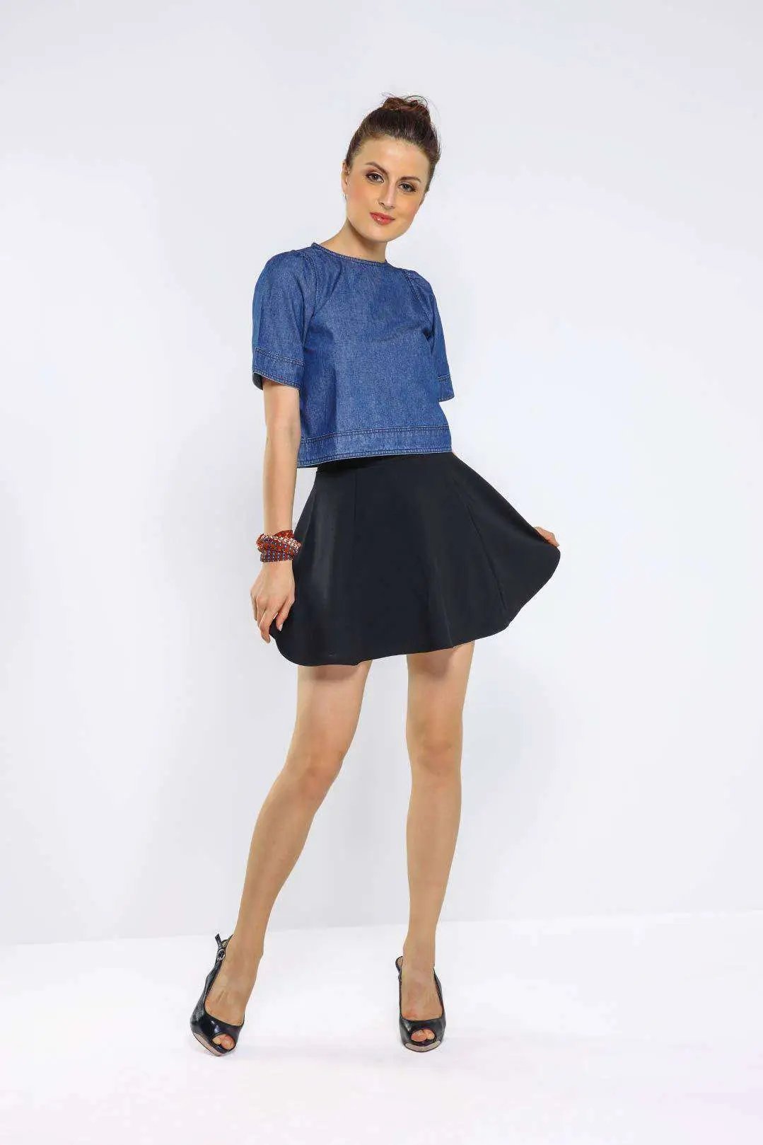Dark Blue Puffed Sleeve Denim Crop Top