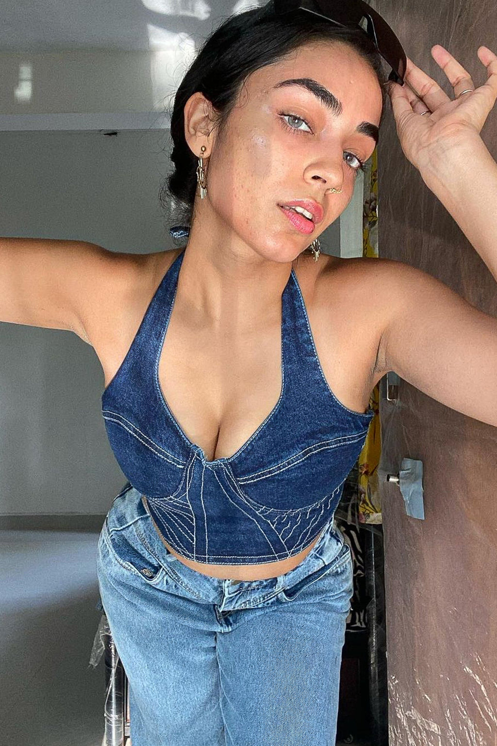 Contrast Stitch Denim Halter Top