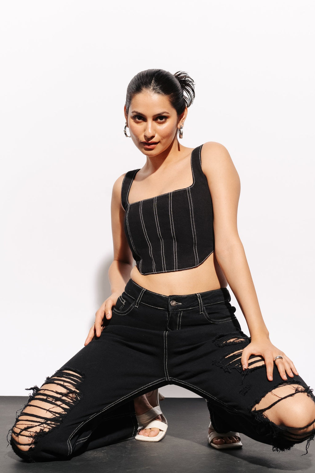 Black Contrast Women's Denim Bustier Corset Top