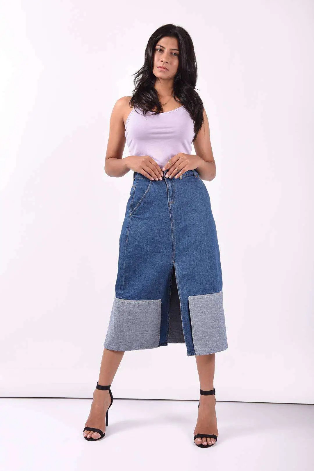 Stm Reverse Paneled Denim Full Length Skirt