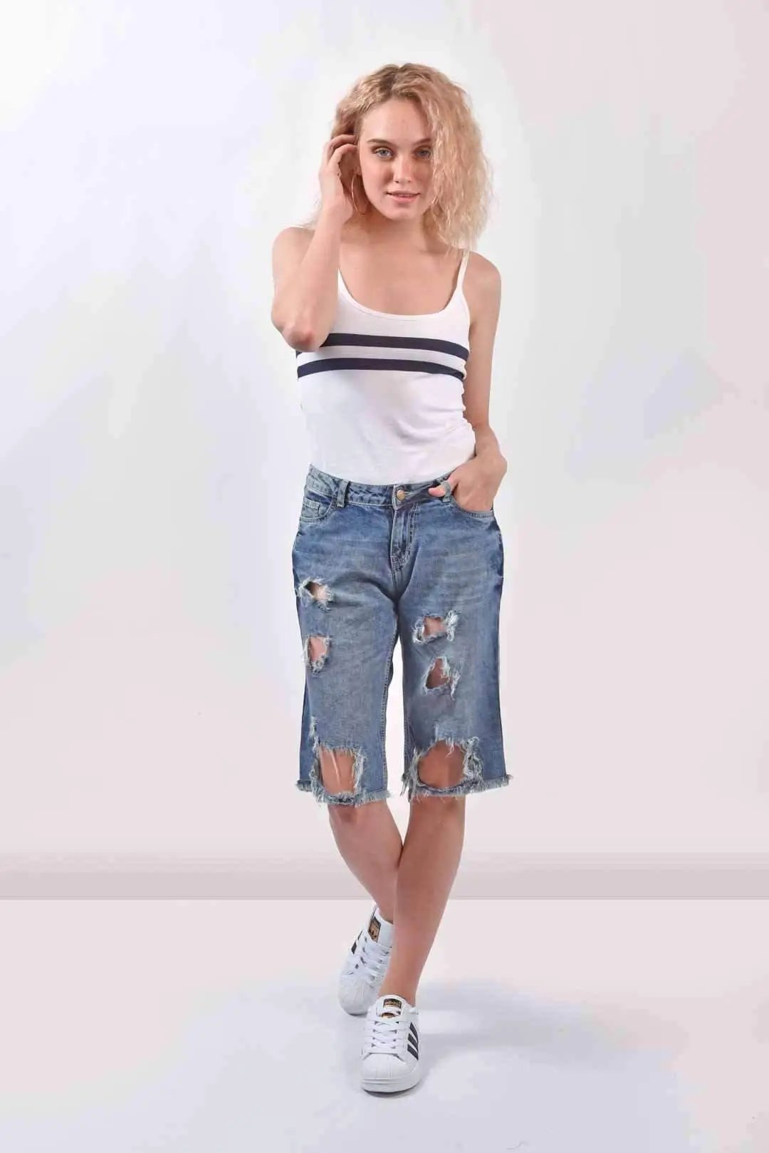 Distressed Denim Long Shorts