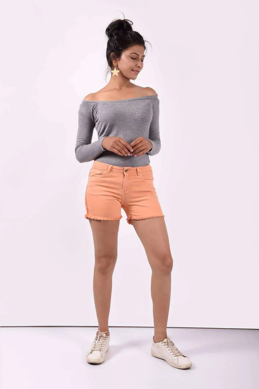 Orange Denim Side Tape Detailed Shorts