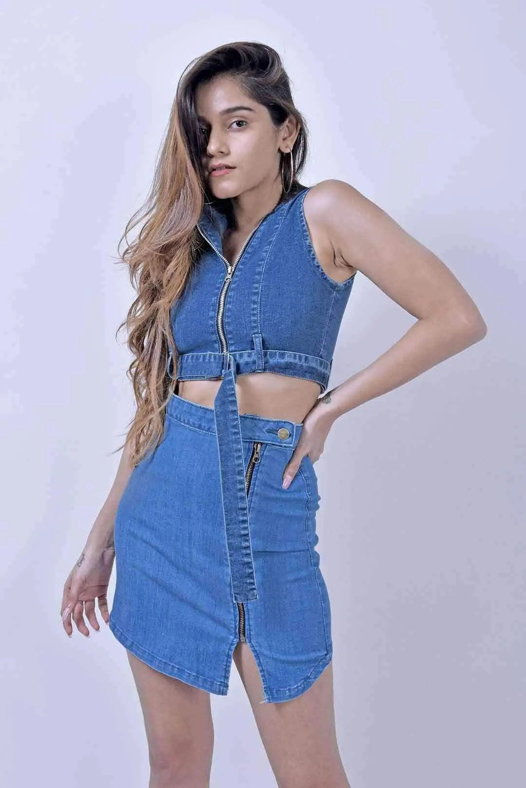 Stm Mid Blue Denim Belt Detailed Top