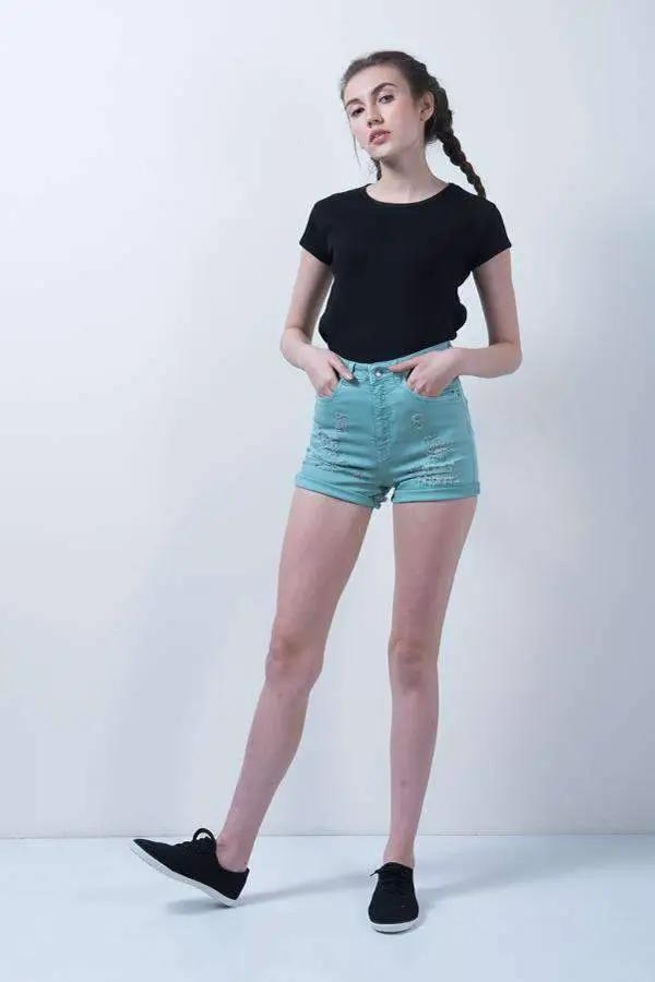 Green Distressed Denim High Waist Denim Shorts