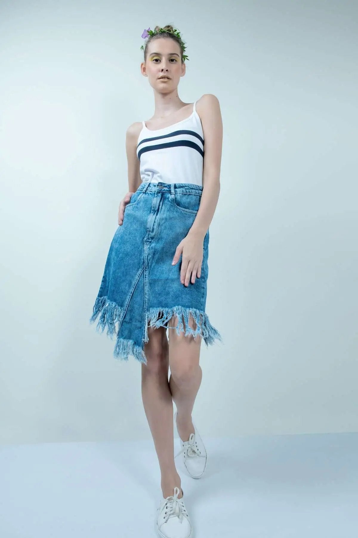 Eco Washed Smokey Blue Denim Skirt With Uneven Hem