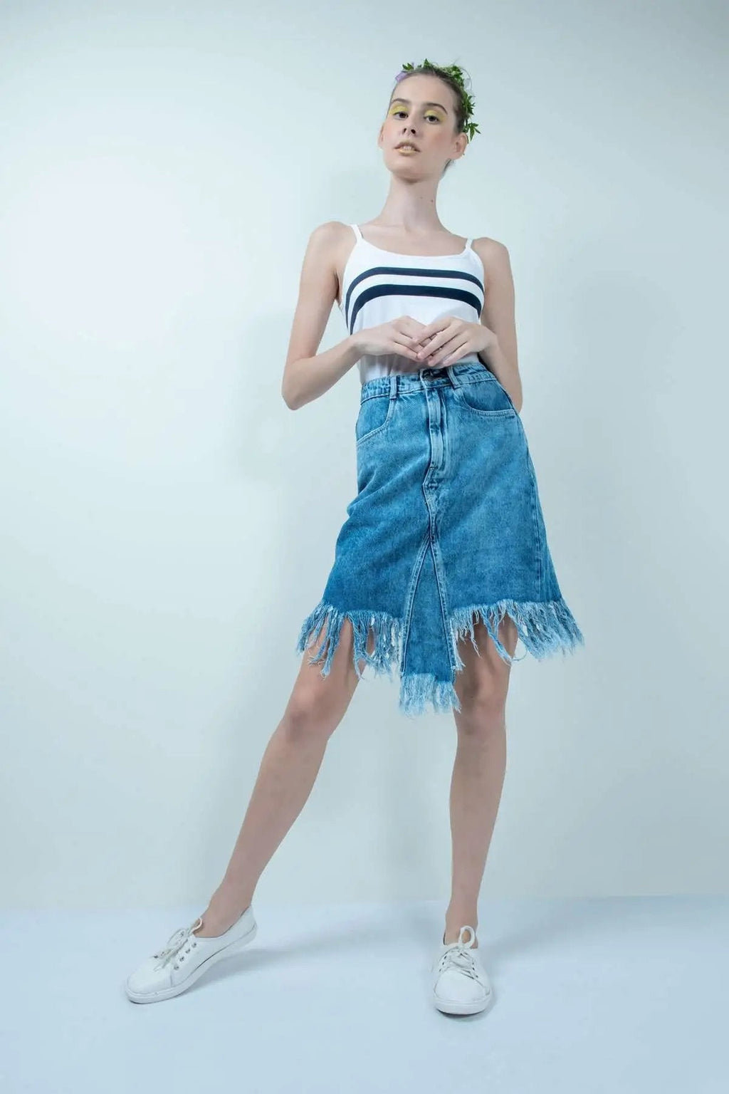 Eco Washed Smokey Blue Denim Skirt With Uneven Hem